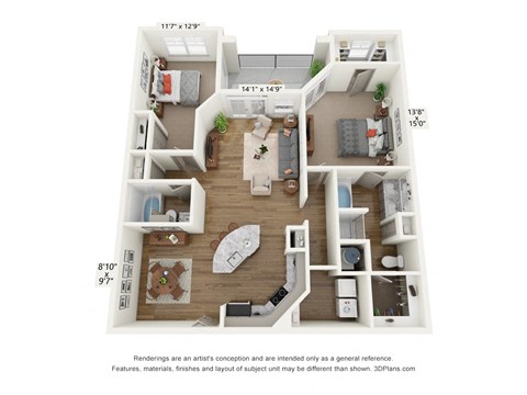 Floor plan for 2 beds, 2 baths, 1329 sqft
